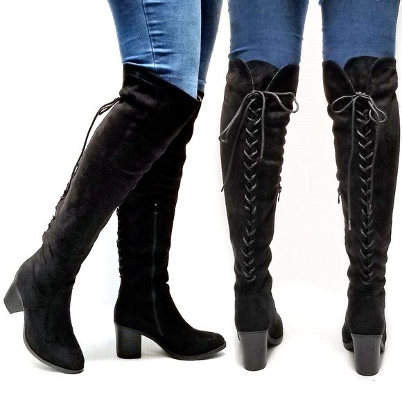 New Black Lace Up Over the Knee Chunky Heel Boots - Picture 1 of 5